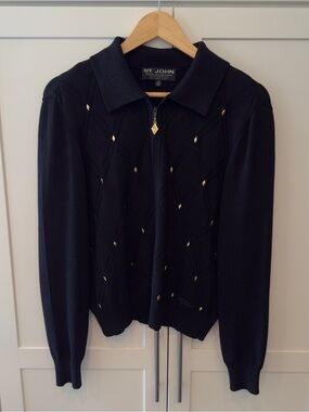 St. John Sport Vintage Black Santana Knit Zip Jacket Gold Diamond Accents M